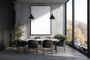 Dark modern dining room with forest view and minimalist decor
