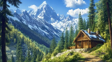 Cozy log cabin nestled among lush trees with majestic snow-capped mountains in the background during a sunny morning