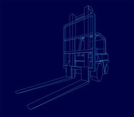 Detailed blueprint of a forklift truck with visible wheels and handlebars. The white contour drawing stands out sharply against the solid blue background.