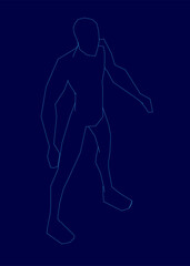 Low poly silhouette of a man in a suit stands against a dark blue abstract background.