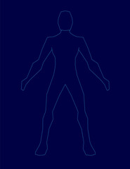 Low poly man silhouette with outstretched arms against a dark blue background. The minimalist contour design conveys concepts of freedom and technology.