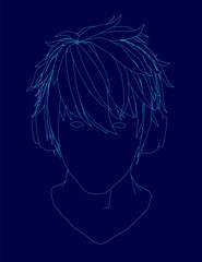 A young man with short hair wears headphones in a minimalist blue line drawing against a dark background.