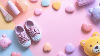 Pastel-toned baby items arranged on colorful background