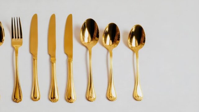 Row of golden cutlery&mdash;forks, knives, and spoons&mdash;lined up on a light background.