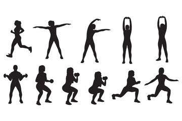 Fitness Silhouette Bundle Male & Female Workout Gym Yoga Exercise Vector Set