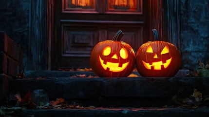 Two glowing carved pumpkins with smiling faces sit on a stone porch at night, lit from within and surrounded by fallen autumn leaves and dim outdoor light. Generative by AI