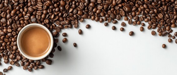 Fresh cup of coffee with roasted beans