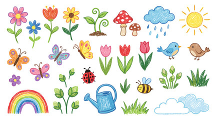 Naklejka premium A vibrant collection of hand-drawn crayon-style illustrations depicting various spring and nature elements like flowers, butterflies, birds, sun, clouds, rainbow, and gardening tools.