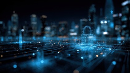 Digital city skyline with glowing padlock and data grid, symbolizing cybersecurity