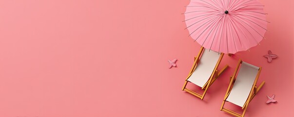 Two beach chairs under a pink parasol on a pastel pink background, with decorative objects