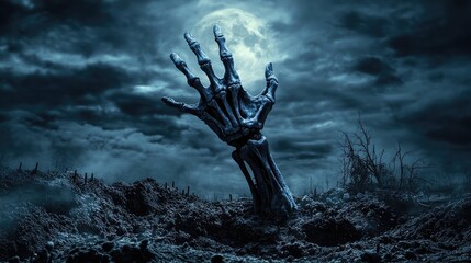 Skeleton hand emerging from dirt at night under full moon in eerie landscape with dry grass and cloudy sky. Generative by AI