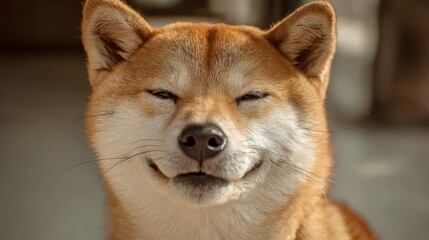 Smiling Shiba Inu: An adorable Shiba Inu dog with a charming expression is captured close-up, radiating warmth and friendliness, with a gleam in its eyes.