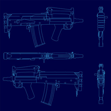 Detailed blueprint of an submachine gun on a blue background, featuring its precise mechanical components and technical contour lines. This schematic set illustrates the rifle's internal assembly.