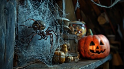 Dimly lit abandoned room filled with carved pumpkins, cobwebs, spiders, and dust. Light from window highlights Halloween decorations and shadows. Generative by AI