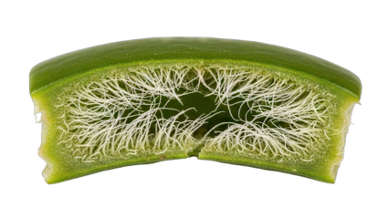 Close-up cross-section of a green cactus pad revealing its internal structure and fibrous texture.