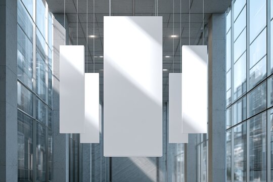 Tall blank banners hang from ceiling in modern lobby with glass walls