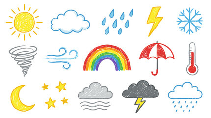 Naklejka premium A collection of hand-drawn weather icons including sun, clouds, rain, lightning, snow, wind, rainbow, umbrella, thermometer, moon, stars, and storm.