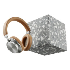 Minimalist Overhead Headphones with Brown Leather on Terrazzo Stone Block Display
