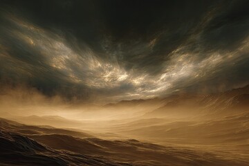 Dramatic, turbulent ocean waves under a dark, stormy, gold-lit sky