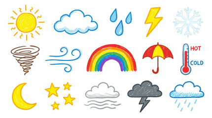 Obraz premium A vibrant collection of hand-drawn weather and sky icons, including sun, clouds, rain, lightning, snow, wind, rainbow, umbrella, thermometer, moon, stars, and fog.