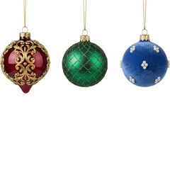 Set of Three Luxury Christmas Ornaments: Red Gold, Green Net, and Blue Velvet Baubles