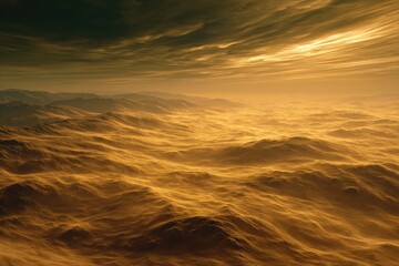 Golden alien planet landscape with misty valleys and dramatic sky