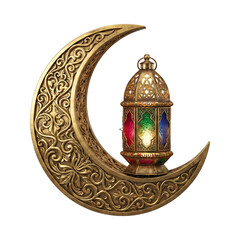 Ornate Golden Crescent Moon with Arabic Pattern and Traditional Colorful Lantern Decoration