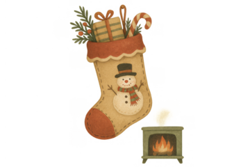 Christmas stocking decorated with a snowman, filled with wrapped present, candy cane, and pine branches, next to a cozy fireplace