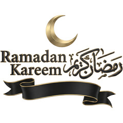 3D Ramadan Kareem Greeting Text with Golden Crescent Moon and Black Banner
