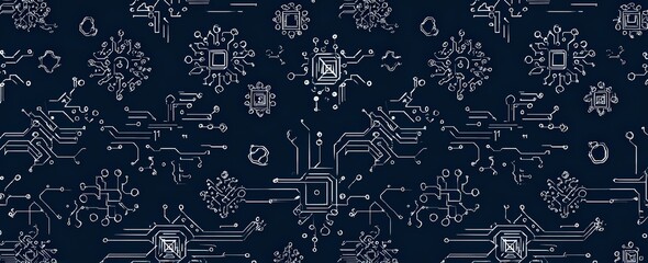 Intricate digital circuitry pattern with repeating microchip and circuit board elements