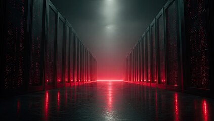 Rows of dark server racks with glowing red lights, creating a futuristic ambiance
