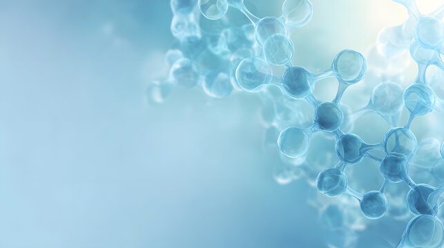 Modern medical innovation slide background with flowing molecular shapes, soft blue light, empty composition for text framing, ideal for biotech pitch decks