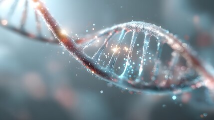 Genetic research themed background with translucent helix silhouette, abstract light particles, wide empty middle