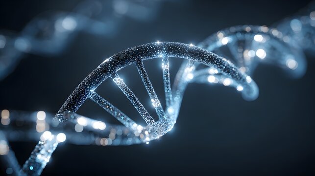 Minimal DNA curvature design with soft blue ambient light, high readability zone central