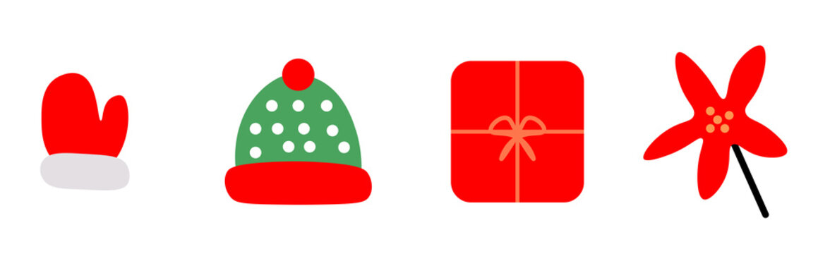 Simple Christmas-themed icons on a white background. From left to right: a red mitten with a white cuff, a green winter hat with white dots and a red pom-pom, a red gift box with a ribbon,