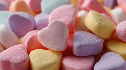 Colorful heart-shaped candies in various pastel shades. The scene features a mix of pink, yellow, and purple sweets, ideal for celebrations or Valentine's Day.
