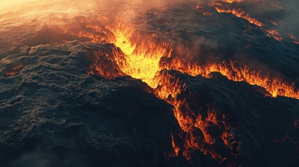 Erupting volcano with glowing lava streams flowing through cracked black ground under smoky, overcast sky. Volcanic gases and ash clouds rise from crater. Generative by AI