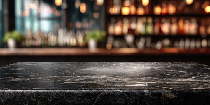 A black marble countertop in the foreground with a blurred bar background