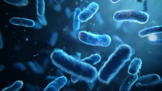 Mesmerizing Floating Blue Bacteria Showcase Vibrant Microbiome World with Intricate Details in Dynamic Microscopic Science View