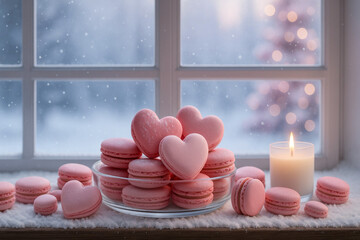 Valentine heart macarons with candle and winter window bokeh, romantic dessert still life