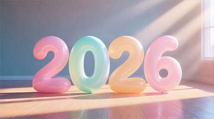 2026 Balloons on Wooden Floor