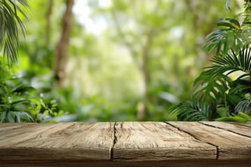 Wooden tabletop in a lush, out-of-focus jungle