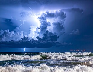 Dramatic coastal scene with lightning illuminating crashing waves