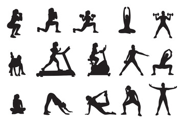 Fitness Silhouette Bundle Male & Female Workout Gym Yoga Exercise Vector Set