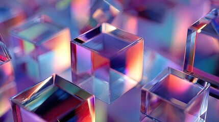 Abstract glass cubes refract light, creating vibrant colors and reflections