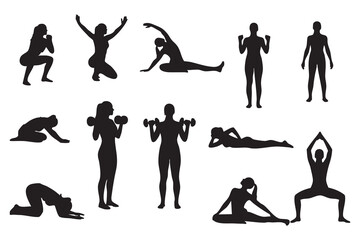Fitness Silhouette Bundle Male & Female Workout Gym Yoga Exercise Vector Set
