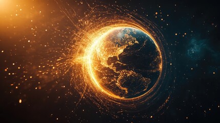 Fototapeta premium Glowing blue planet Earth floats in deep space while fiery energy or plasma arcs outward from one hemisphere, forming trails against the cosmic backdrop. Generative by AI