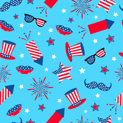 USA patriotic seamless pattern. 4th of July traditional background.  Hats and fireworks backdrop. Vector template for fabric, textile, wallpaper, wrapping paper, etc.