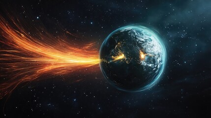 Glowing blue planet Earth floats in deep space while fiery energy or plasma arcs outward from one hemisphere, forming trails against the cosmic backdrop. Generative by AI