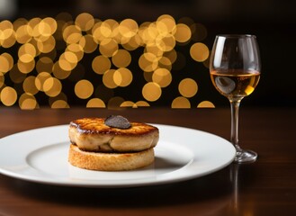 Pan seared foie gras with truffle on toast, served on white plate with glass of wine. Gourmet food fine dining experience.